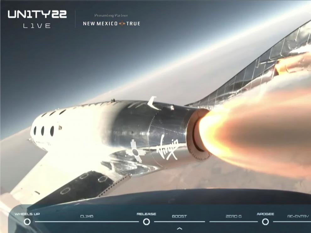 Virgin Galactic's passenger rocket plane VSS Unity starts its ascent to the edge of space
