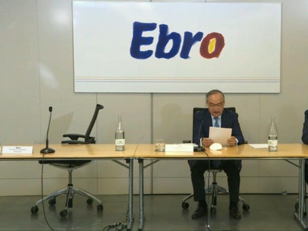 El presidente de Ebro Foods, Antonio Hernández Callejas, en la junta telemática de accionistas.