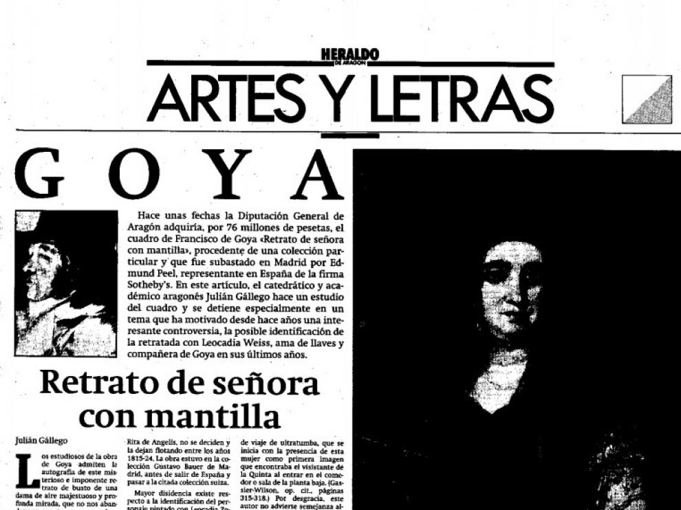 Primera página de ‘Artes y Letras’ publicada el 21 de marzo de 1991, con el óleo sobre lienzo ‘Dama con mantilla’.