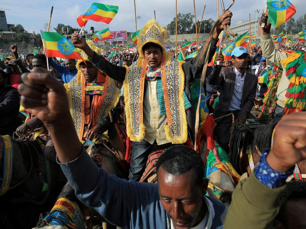 FILE PHOTO: People attend a rally to support the National Defense Force at the Meskel Square in Addis Ababa