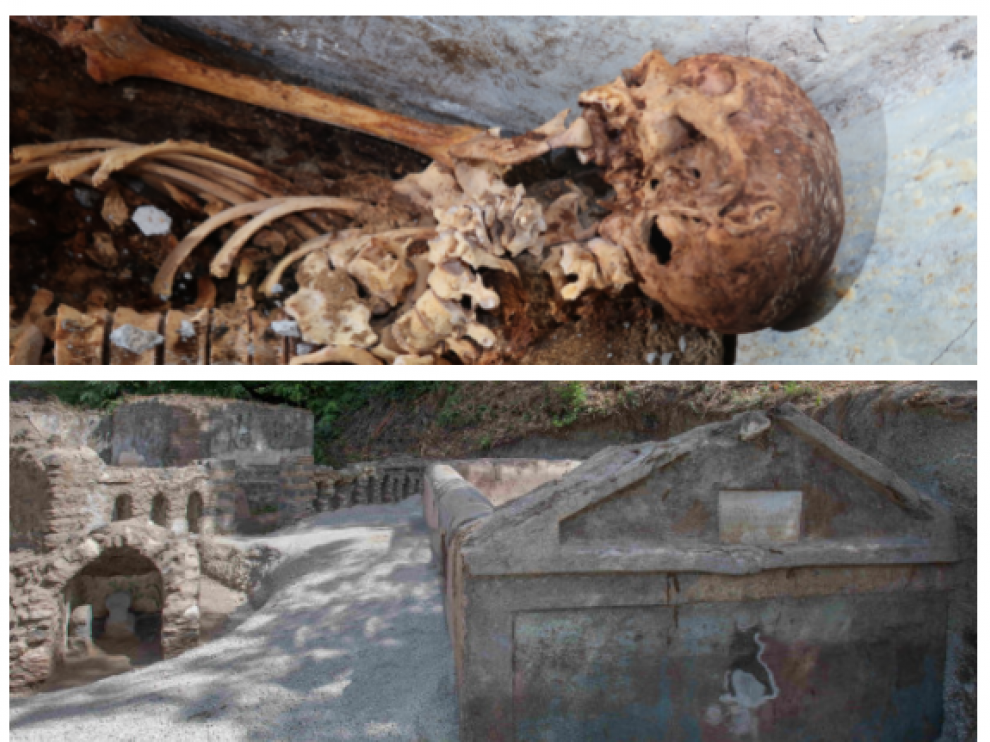 Tumba con un cuerpo momificado en Pompeya