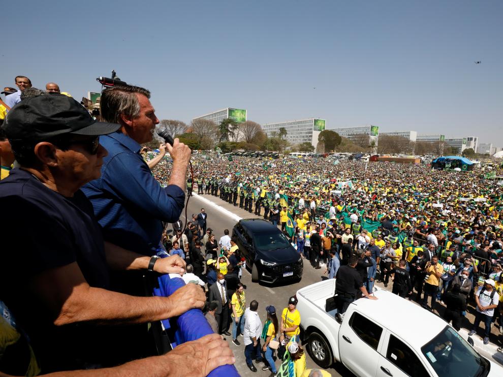 Brazil's president Jair Bolsonaro leads a demonstration against the Supreme Court in Brasilia
