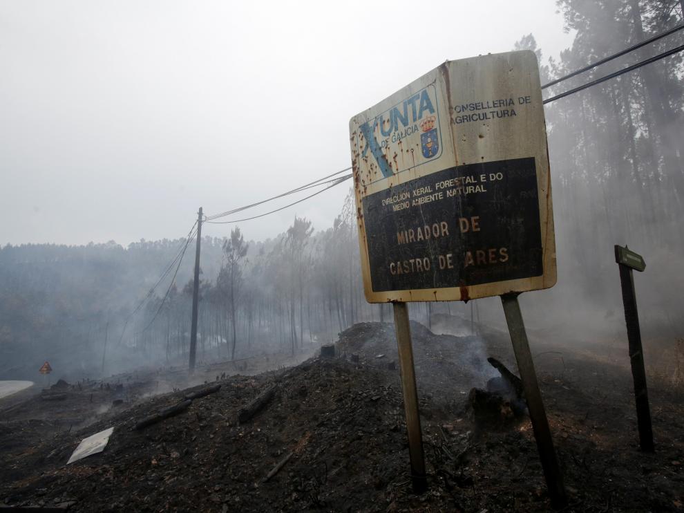 Un letrero y árboles quemados en los incendios de Ribas de Sil, este martes.