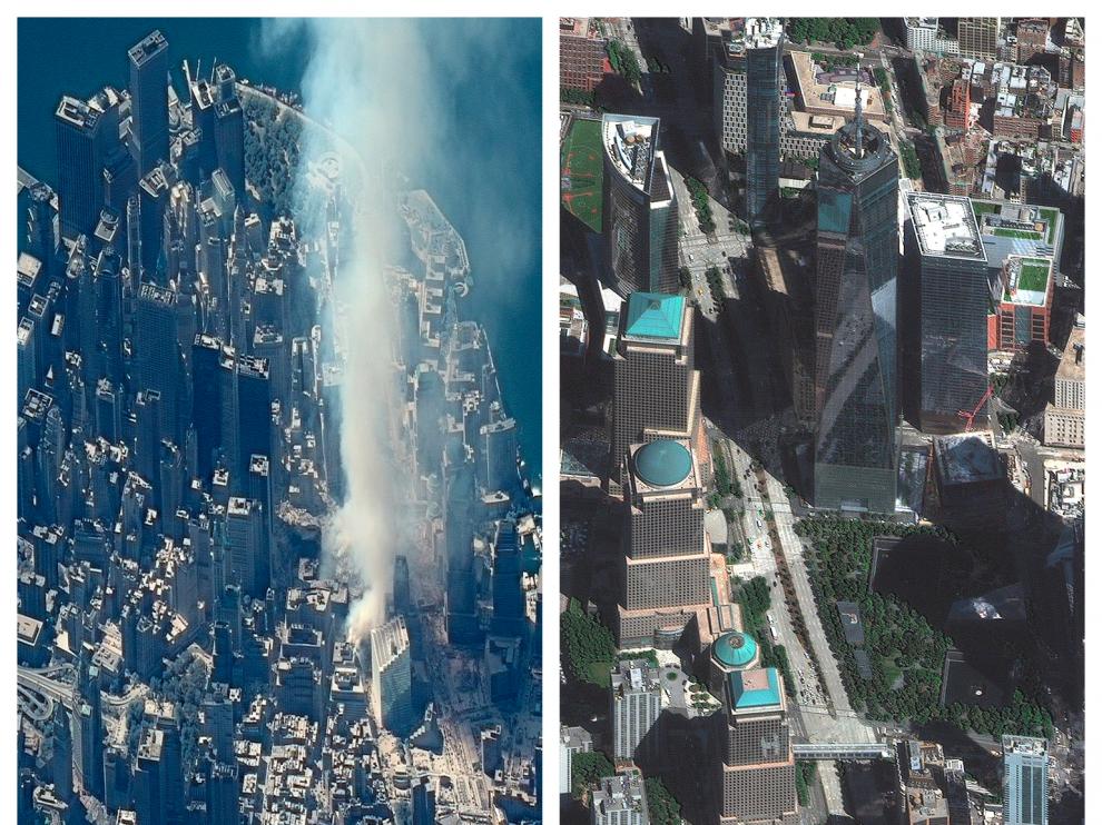 La zona donde se ubicaban las Torres Gemelas el día del atentado y en la actualidad