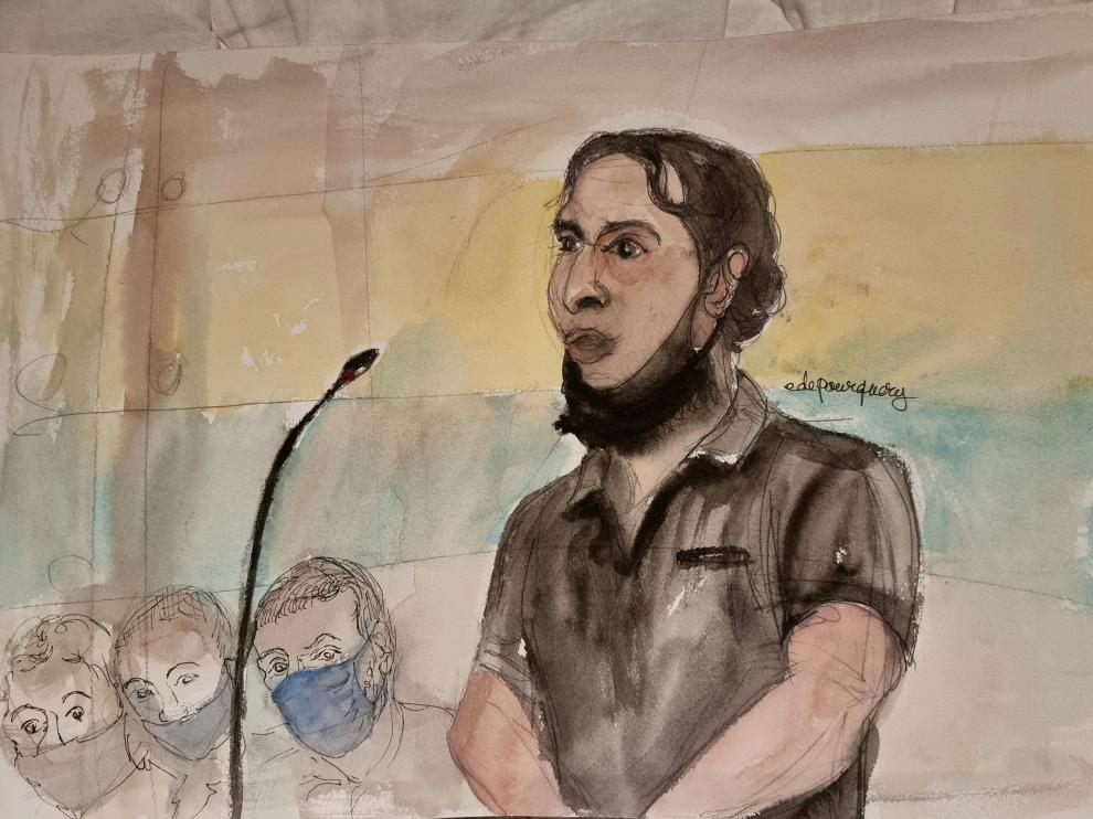 Dibujo de Salah Abdeslam juzgado como presunto autor del atentado de la sala Bataclan de París.