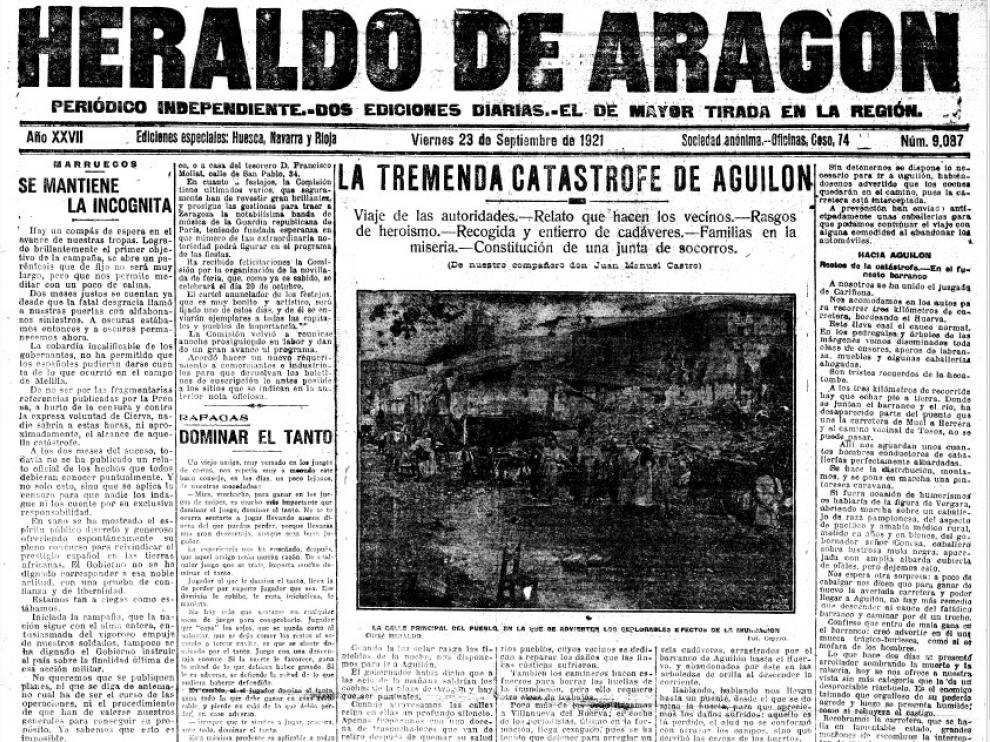 Así recogía HERALDO la notica de la catástrofe en su portada del 23 septiembre de 1921