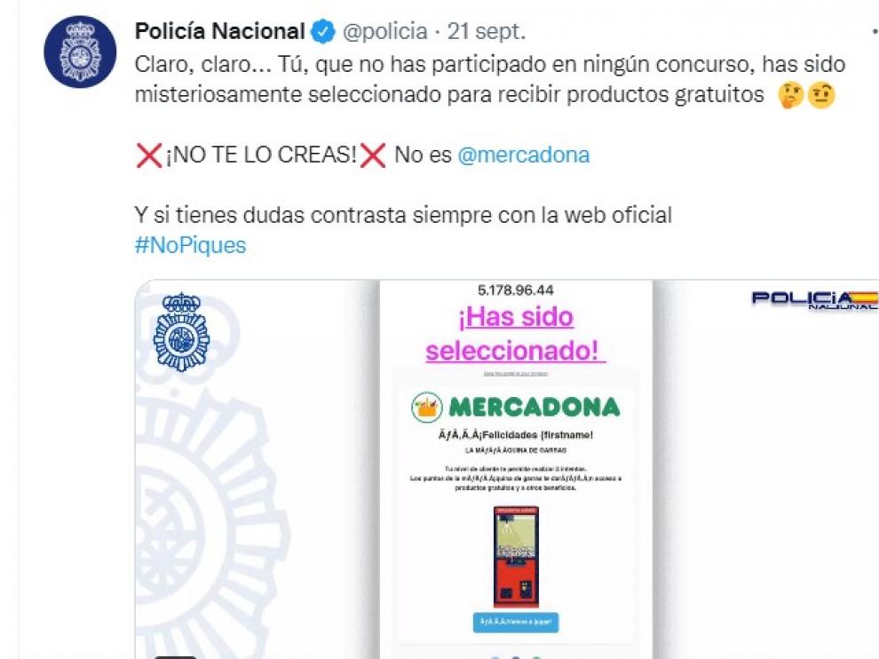 Aviso de la Policía sobre el falso mensaje de Mercadona.