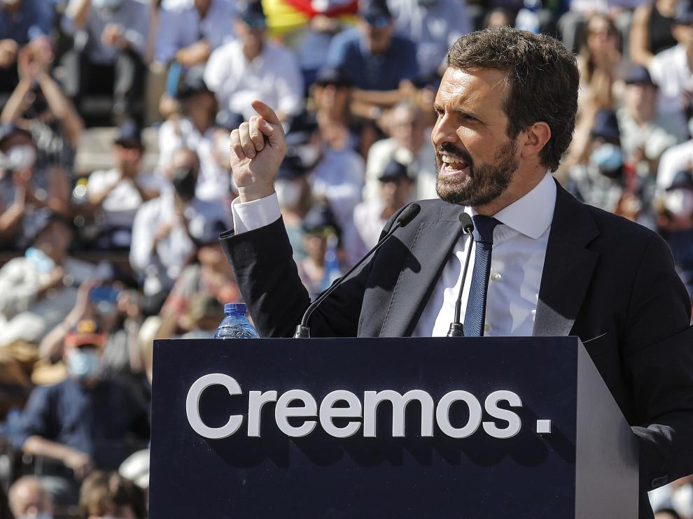Pablo Casado, en el acto de clausura de la Convención Nacional del PP, en la Plaza de Toros de Valencia, el 2 de octubre.