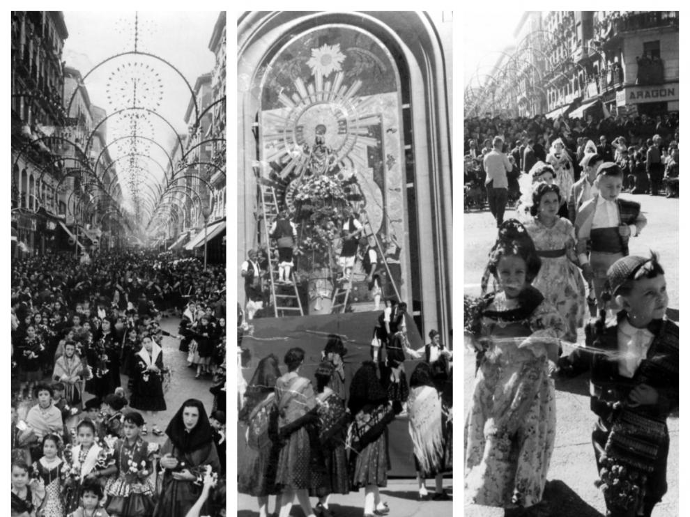 El aspecto que ofrecía la calle de Alfonso l de Zaragoza, en aquella primera Ofrenda de Flores a la Virgen del Pilar de 1958, en la que participaron más de 2.000 oferentes, vaticinaba ya el éxito de futuras ediciones