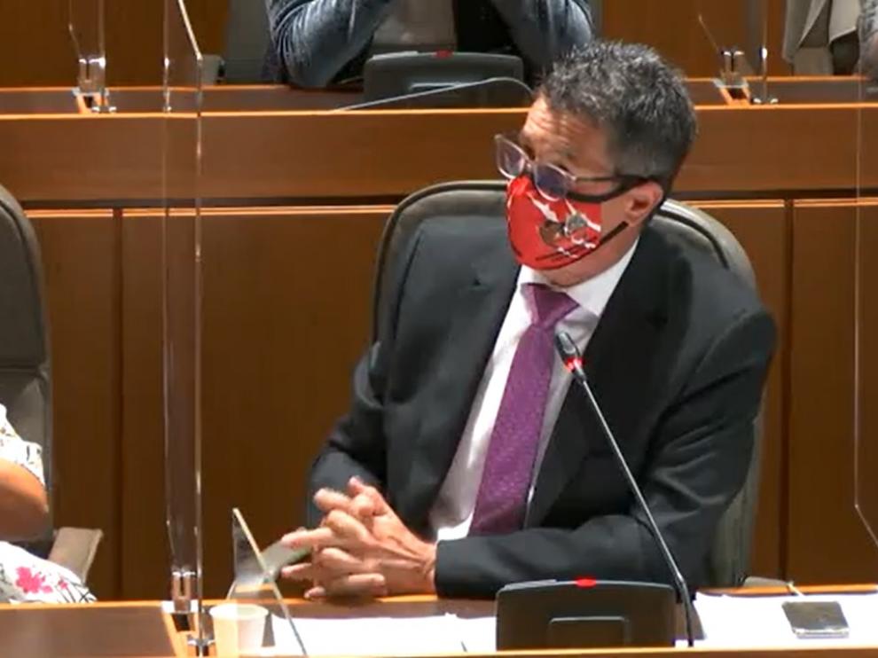 El diputado Antonio Romero defendió la propuesta del PP con una mascarilla de la plataforma contra el lobo y el oso de Aragón.