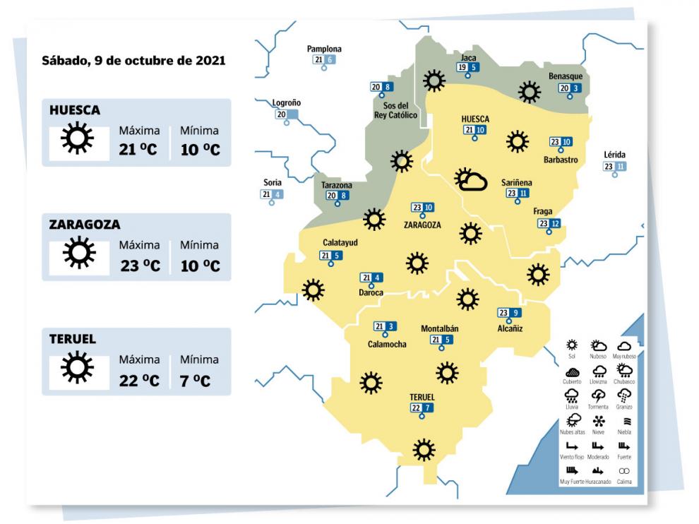 Mapa del tiempo en Aragón el sábado 9 octubre de 2021