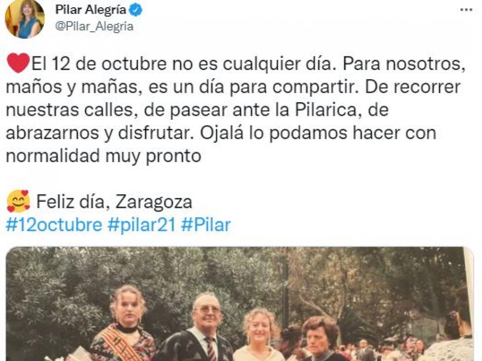 De Jorge Azcón a Pilar Alegría: así han felicitado los políticos aragoneses el Día del Pilar
