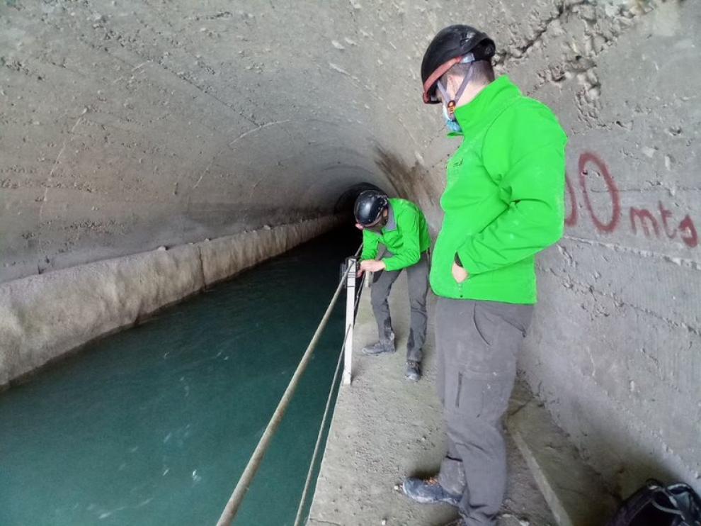 Instalación de dispositivos para la grabación de los murciélagos en una galería de una central hidroeléctrica.