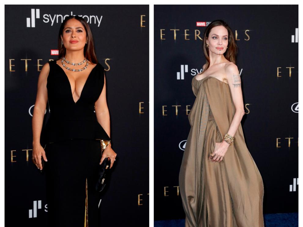 Salma Hayek y Angelina Jolie en el estreno de 'Eternals' de Marvel.
