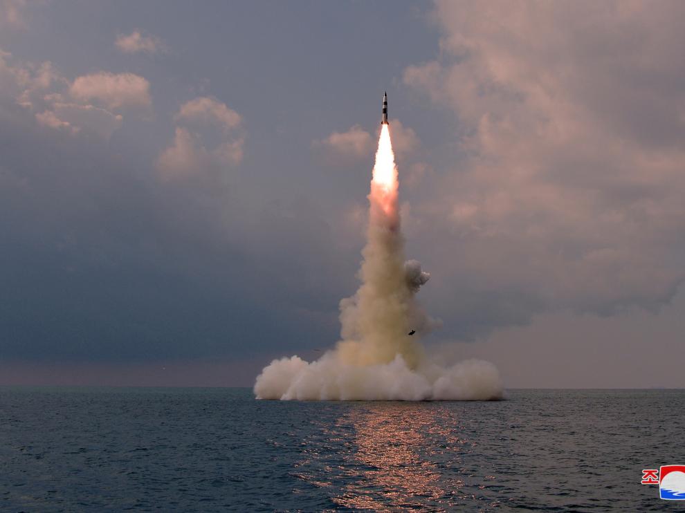 A new submarine-launched ballistic missile is seen during a test
