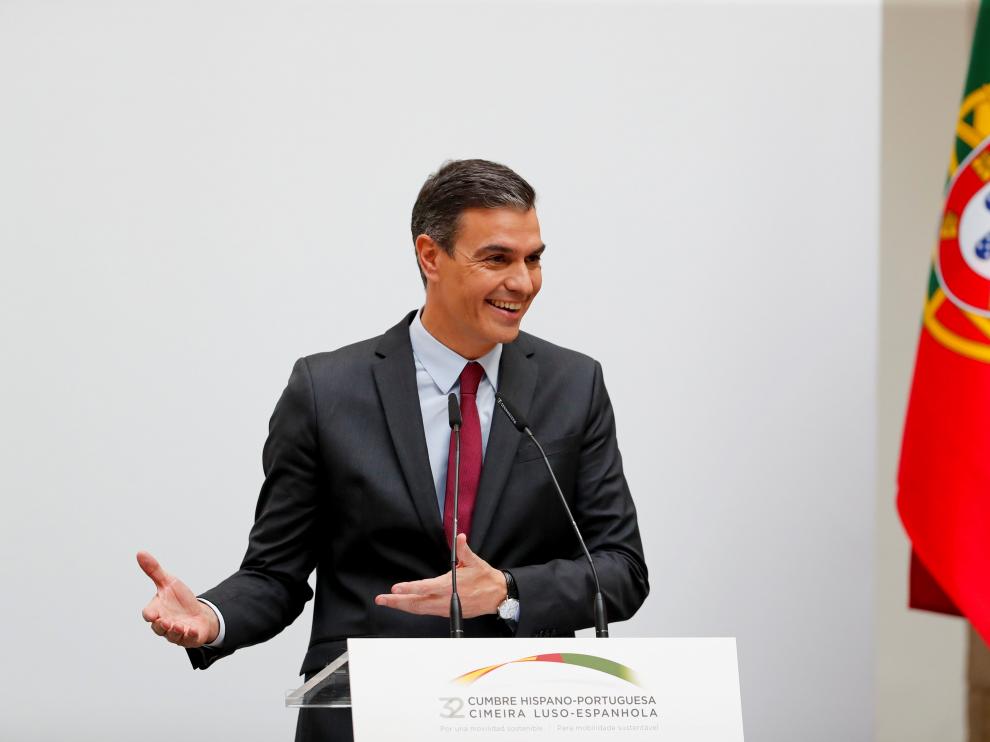 Pedro Sánchez, este jueves durante la rueda de prensa conjunta con el presidente de Portugal Antonio Costa.
