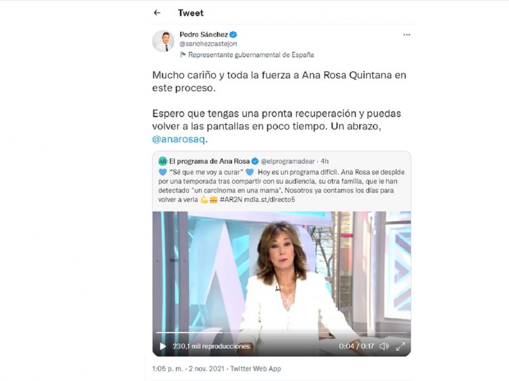 Tuit del presidente del Gobierno Pedro Sánchez a Ana Rosa Quintana