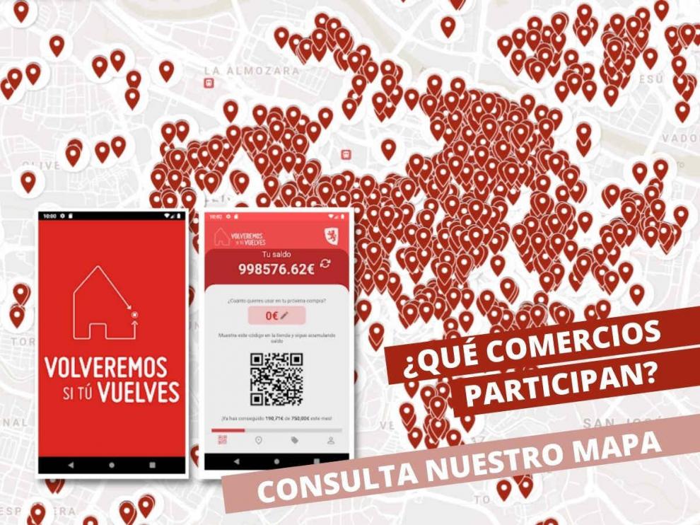 Mapa con los comercios que participan en 'Volveremos' de Zaragoza.