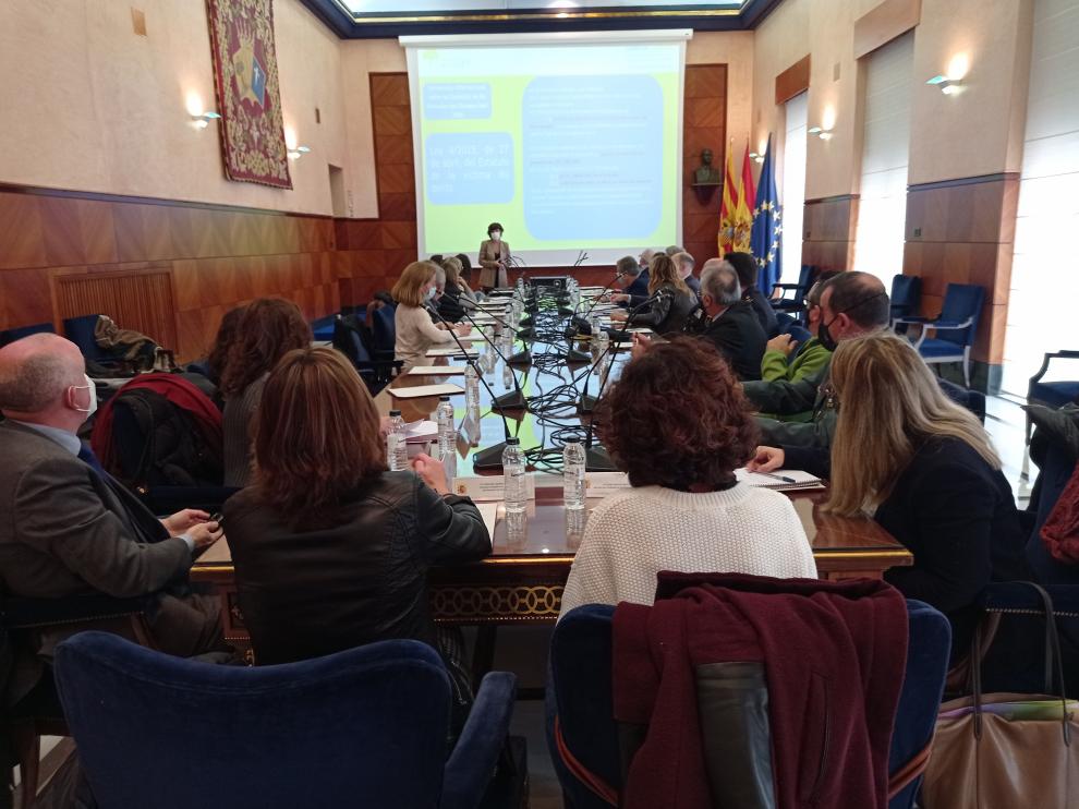 La coordinadora del área de protección de Atades, Victoria Ledesma, presenta el trabajo de la Uavdi en la reunión celebrada este lunes en la Delegación de Gobierno
