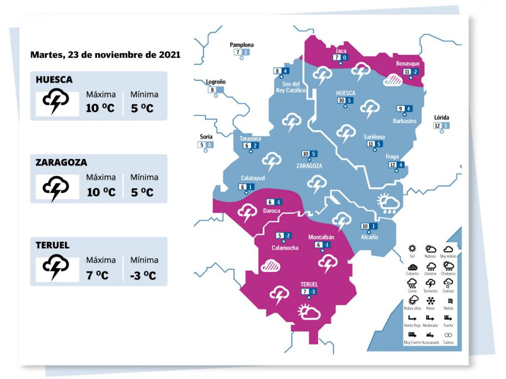 Mapa del tiempo en Aragón el 23 de noviembre de 2021.
