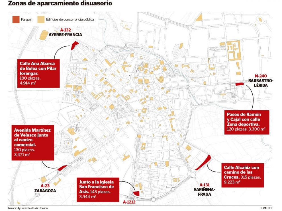 Plano con la ubicación de los aparcamientos disuasorios y regulados en el casco urbano de Huesca.