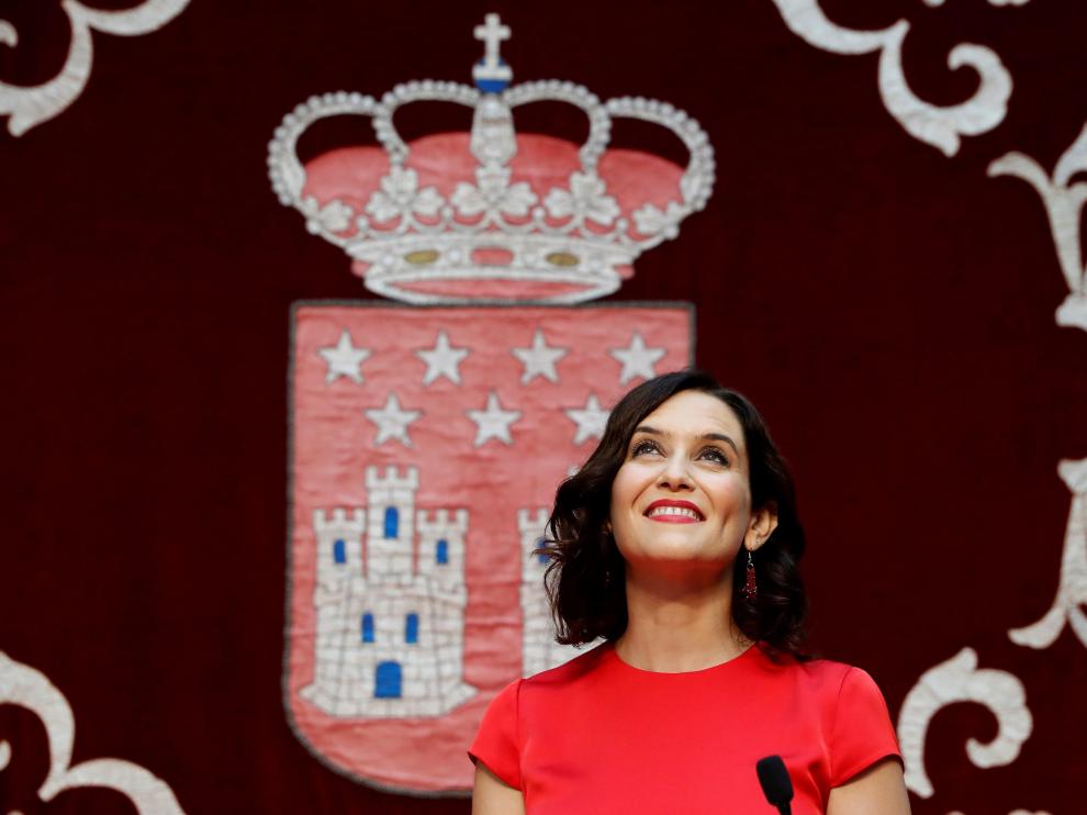 Isabel Díaz Ayuso antes de tomar posesión como presidenta de la Comunidad de Madrid en un acto celebrado el 18 de agosto en la Real Casa de Correos, sede del gobierno regional.