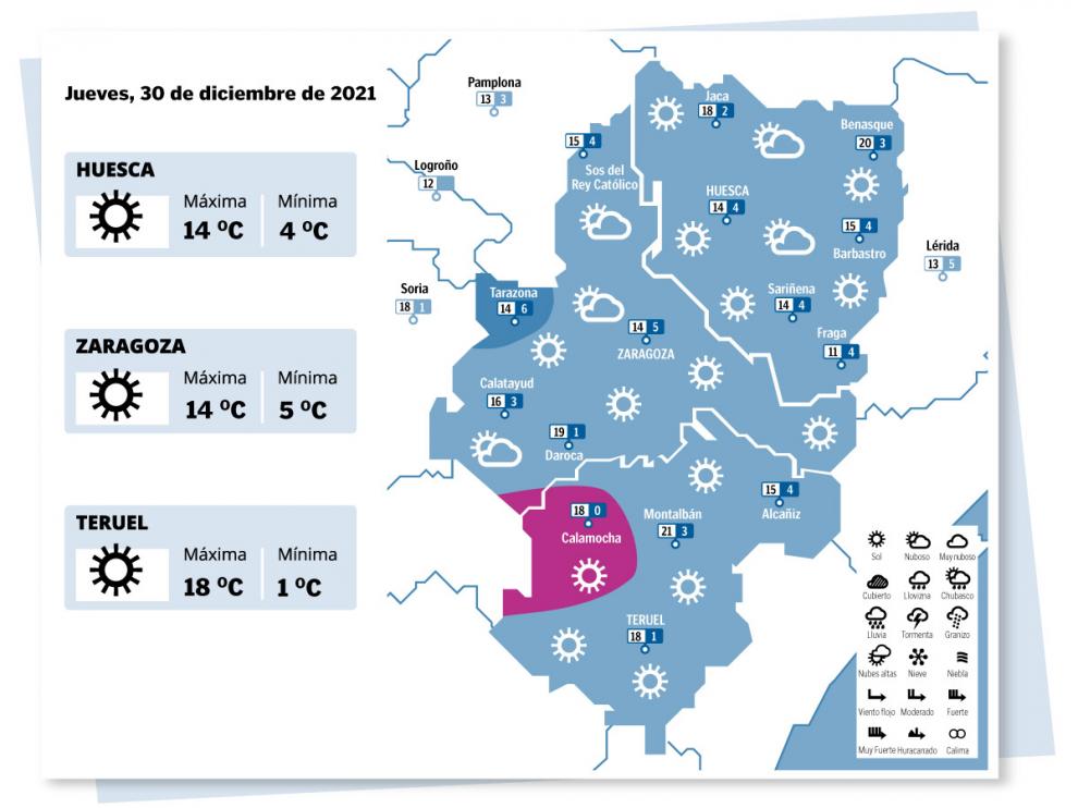 Mapa del tiempo en Aragón del 30 de diciembre de 2021