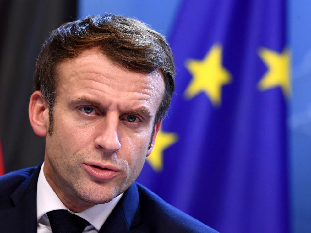 FILE PHOTO: France's President Emmanuel Macron speaks at a news conference  in Brussels