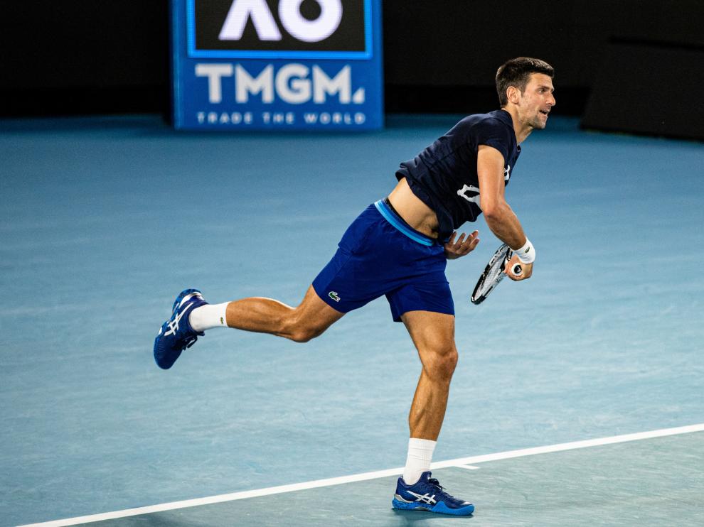 Serbian tennis player Novak Djokovic practices at Melbourne Park
