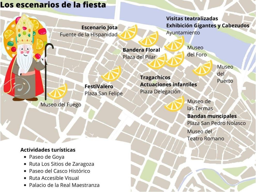 Mapa con los distintos escenarios donde se desarrollarán las actividades de San Valero 2022.