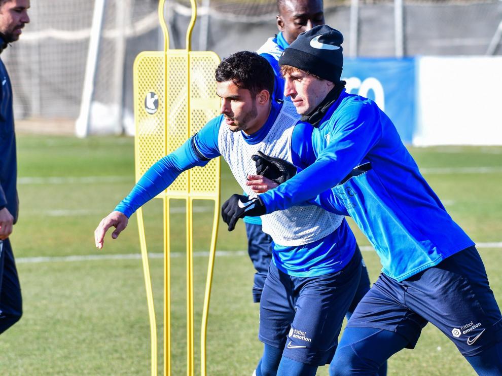 Florian Miguel y Mosquera, durante el entrenamiento de este martes de la SD Huesca.