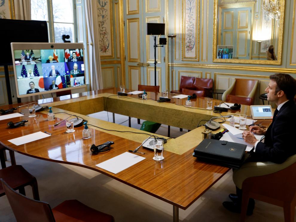 Macron, durante la reunión por videoconferencia del G7