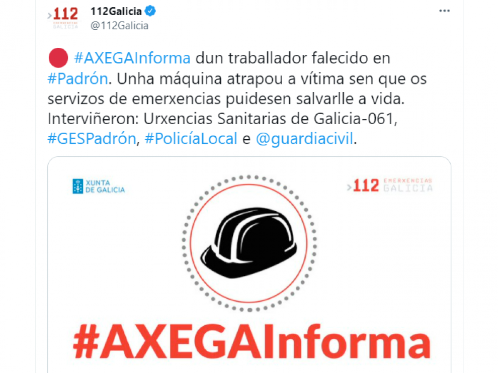 Un mensaje publicado en Twitter por el 112 Galicia informado del accidente laboral registrado en Padrón.