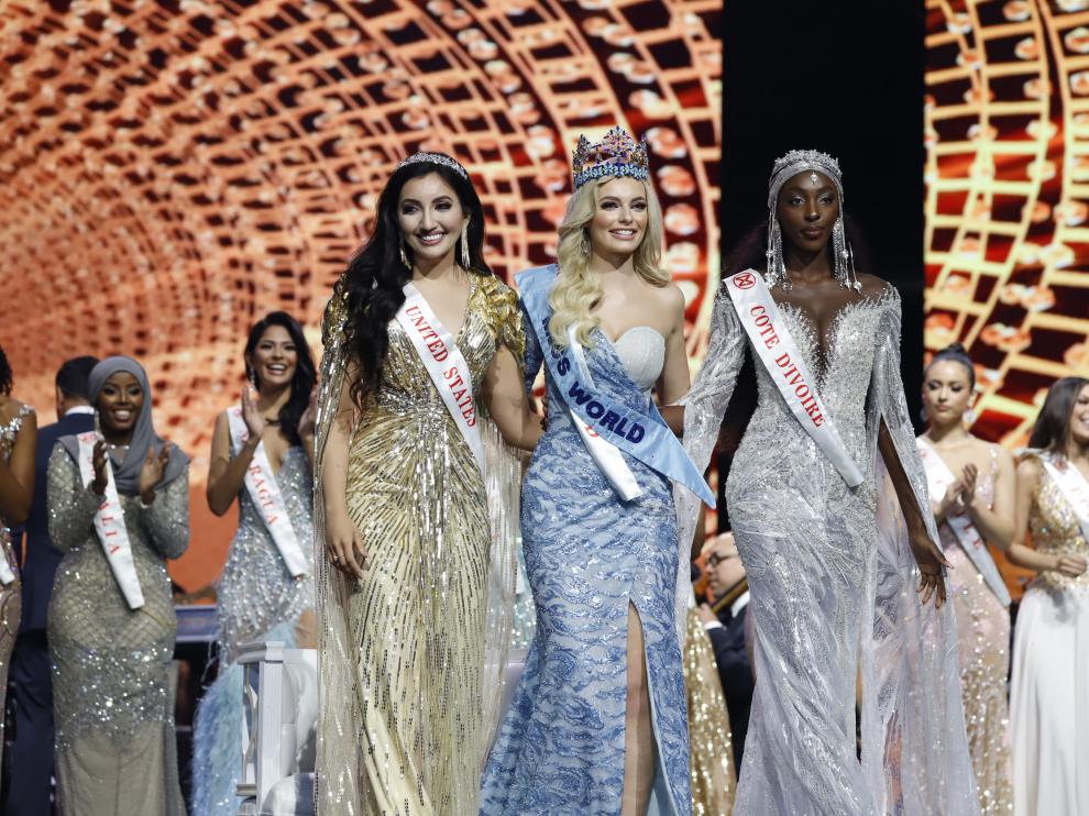 Las tres finalistas del certamen Miss Mundo en Puerto Rico.