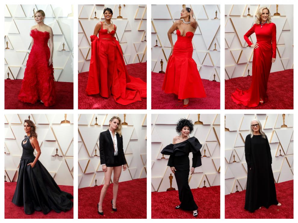 De rojo: Kirsten Dunst, Ariana DeBose, Traci Ellis Boss y Marlee Martin. De negro: Penélope Cuz, Kristen Stewart, Rita Moreno y Jane Campion