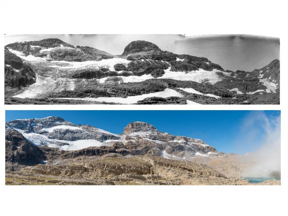 Los glaciares de la cara norte de las Tres Serols, vistos por Lucien Briet y en la actualidad.