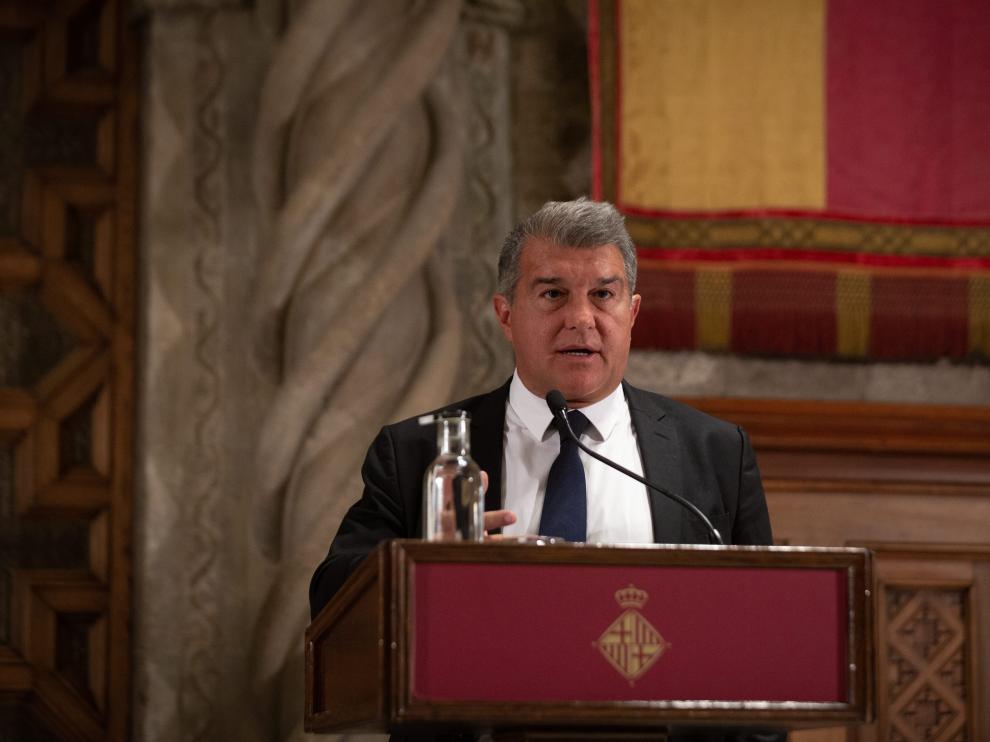 El presidente del FC Barcelona, Joan Laporta, durante la presentación de las novedades sobre la transformación del Espai Barça.