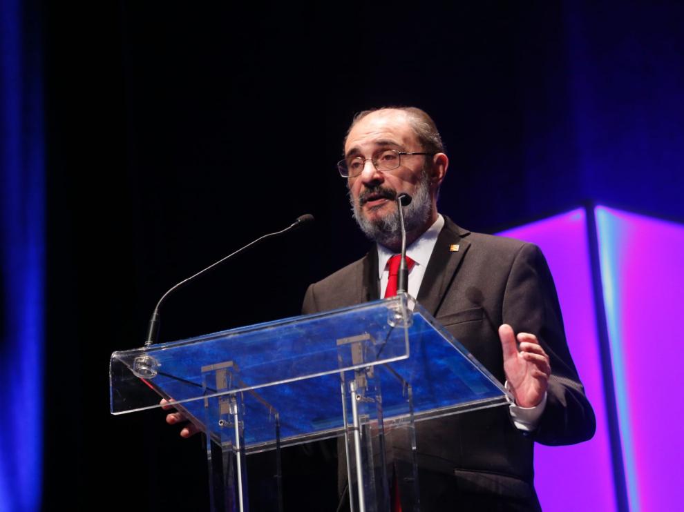 El presidente aragonés, Javier Lambán, en el Palacio de Congresos de Zaragoza, este jueves.