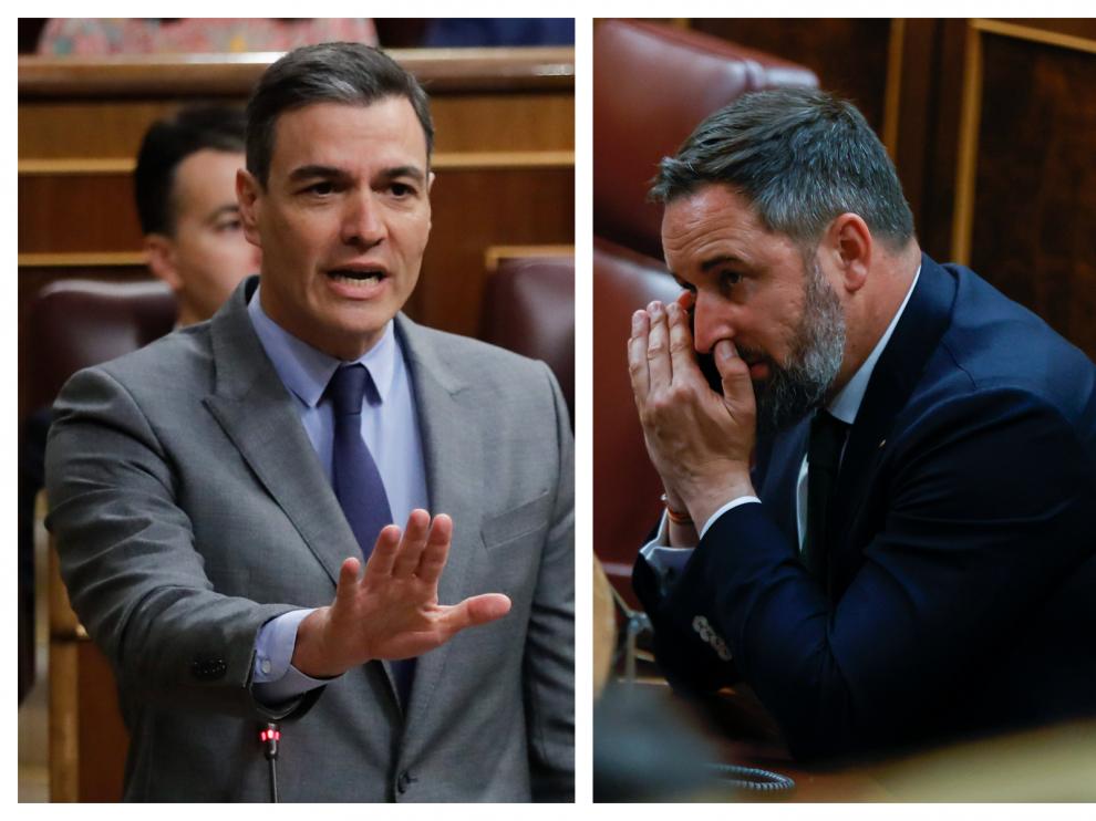 Combo de imágenes de Pedro Sánchez y Santiago Abascal este miércoles en el Congreso