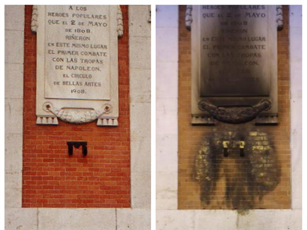 La placa, antes y después del acto vandálico en el centro de Madrid