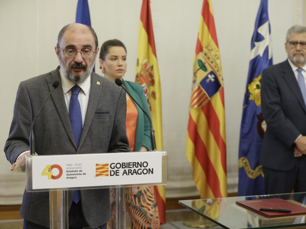 Lambán, en el acto de la firma del acuerdo de financiación de la Universidad de Zaragoza.