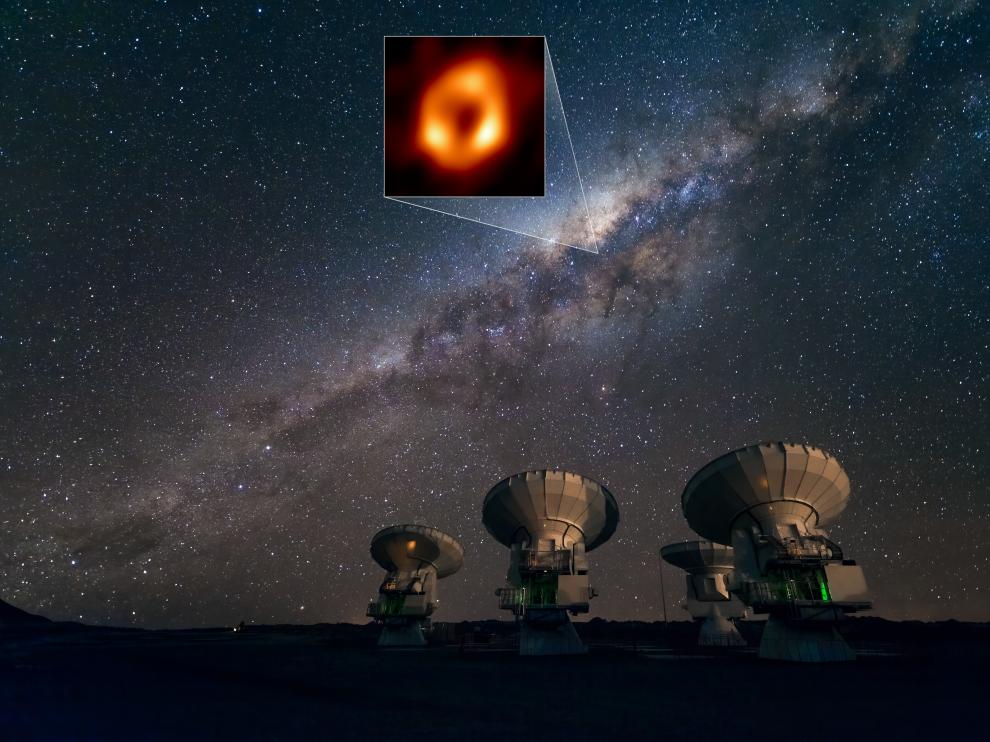 El observatorio Alma, en Atacama, mirando hacia la Vía Láctea. En el recuadro, imagen del agujero negro Sagitario A* tomada por la colaboración EHT.