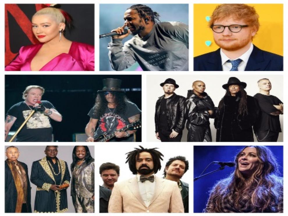 Arriba: Christina Aguilera, Kendrick Lamar, Ed Sheeran. En el centro: Guns N'Roses, Skunk Anansie. Abajo: Earth, Wind & Fire, Counting Crows, Alanis Morissette.