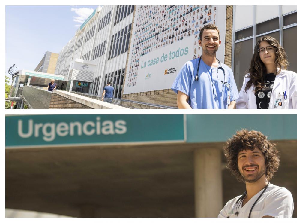 Arriba, Santi Arana y Marta Sánchez en el Hospital Miguel Servet. Abajo, Ramón Guiote en el Hospital Clínico de Zaragoza.