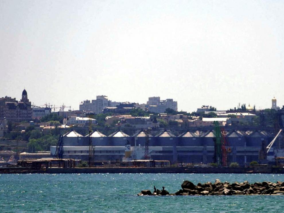 Terminal con cereal almacenado después de un ataque con misiles rusos en un puerto marítimo de Odesa, este sábado.