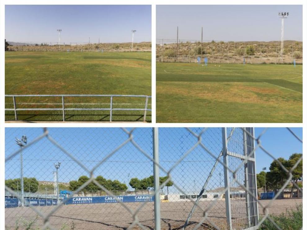 Arriba, uno de los campos donde trabaja el Real Zaragoza, con muchas zonas de hierba quemada por el calor, baches e inestabilidad del terreto. Abajo, el campo exclusivo del primer equipo, en plenas obras de restauración integral, ahora inutilizado.