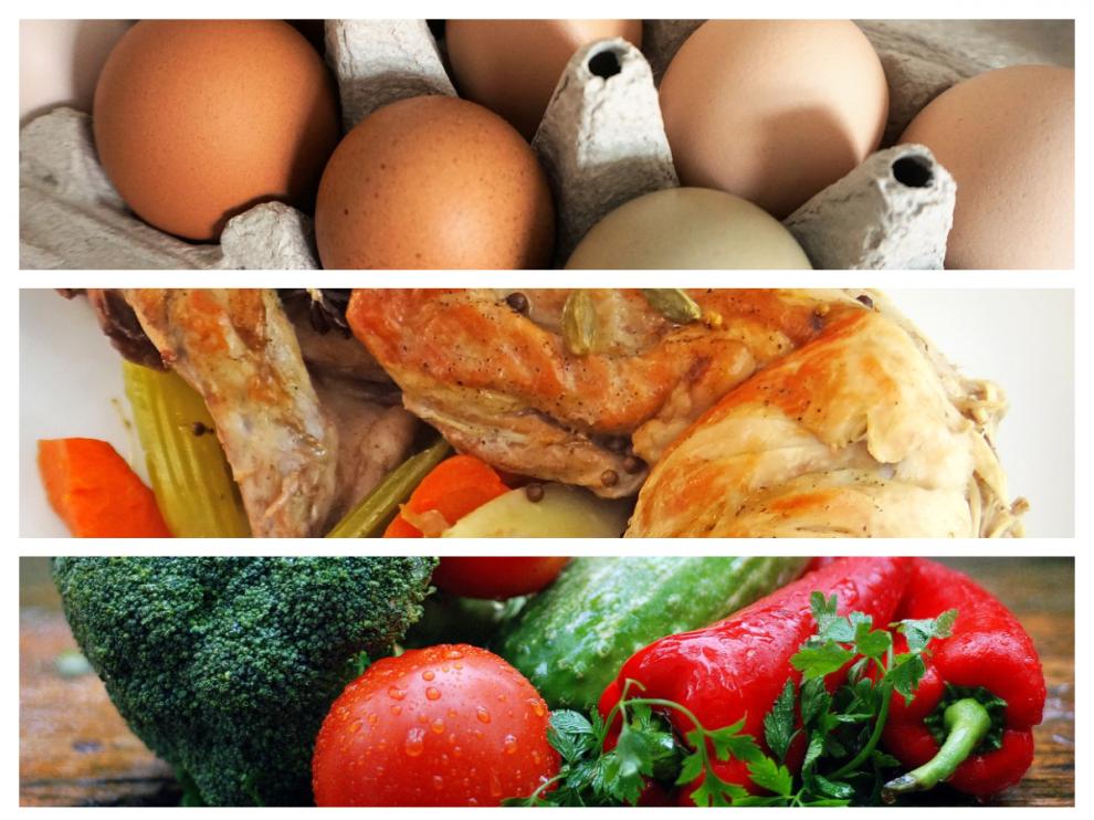 Huevos camperos, conejo, verduras y ave, la cesta de la compra de Consumo.