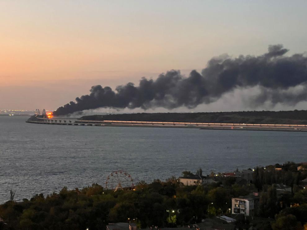 Truck explosion causes fire on Crimean bridge