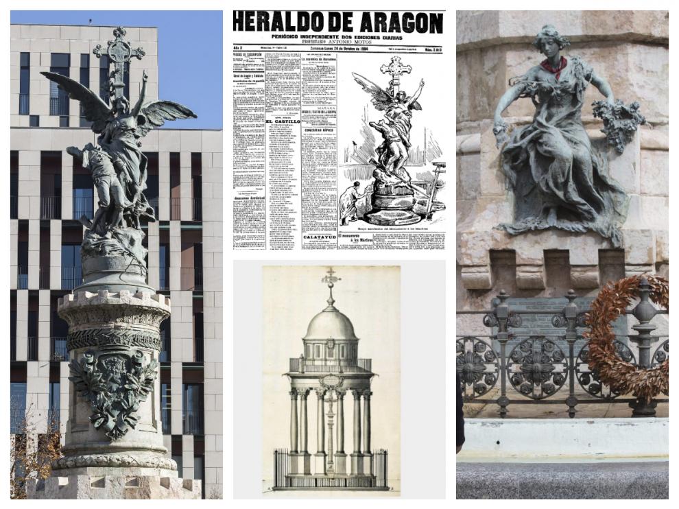 El monumento a los Mártires, la portada de HERALDO el 24 de octubre de 1904, la recreación de la Cruz del Coso y un detalle del conjunto actual.