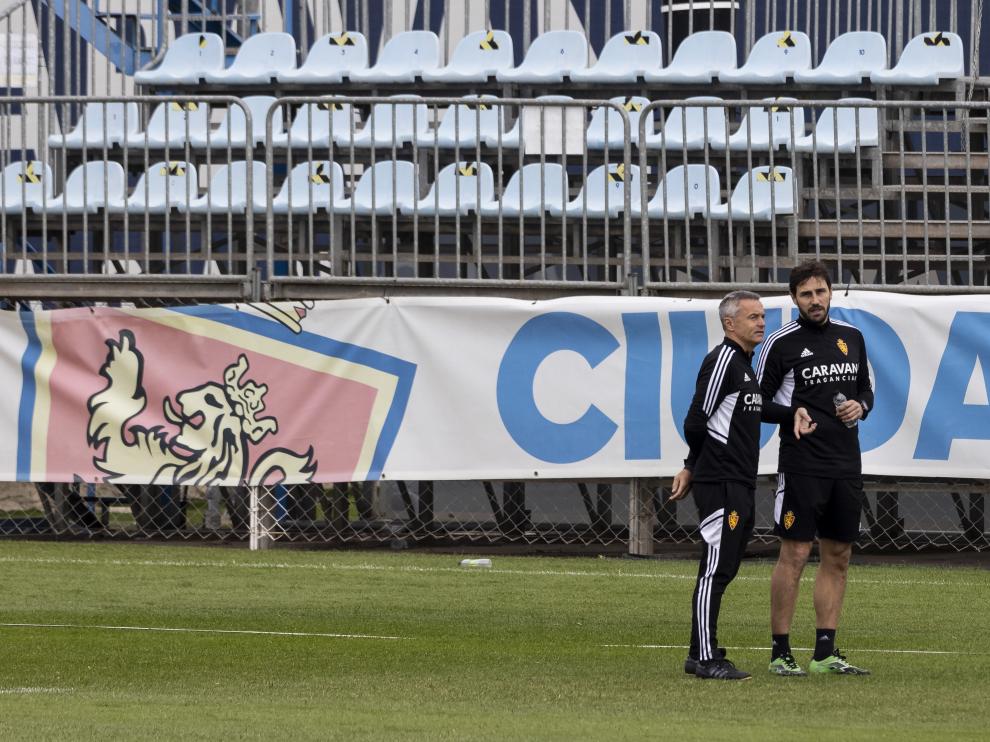 Generelo, junto a Fran Escribá, en un entrenamiento del Real Zaragoza.
